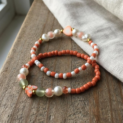 Coral Heart Butterfly Charm Bracelet Set, Handmade Faux Pearl Seed Bead Stretch Bracelet, Love & Transformation Jewelry