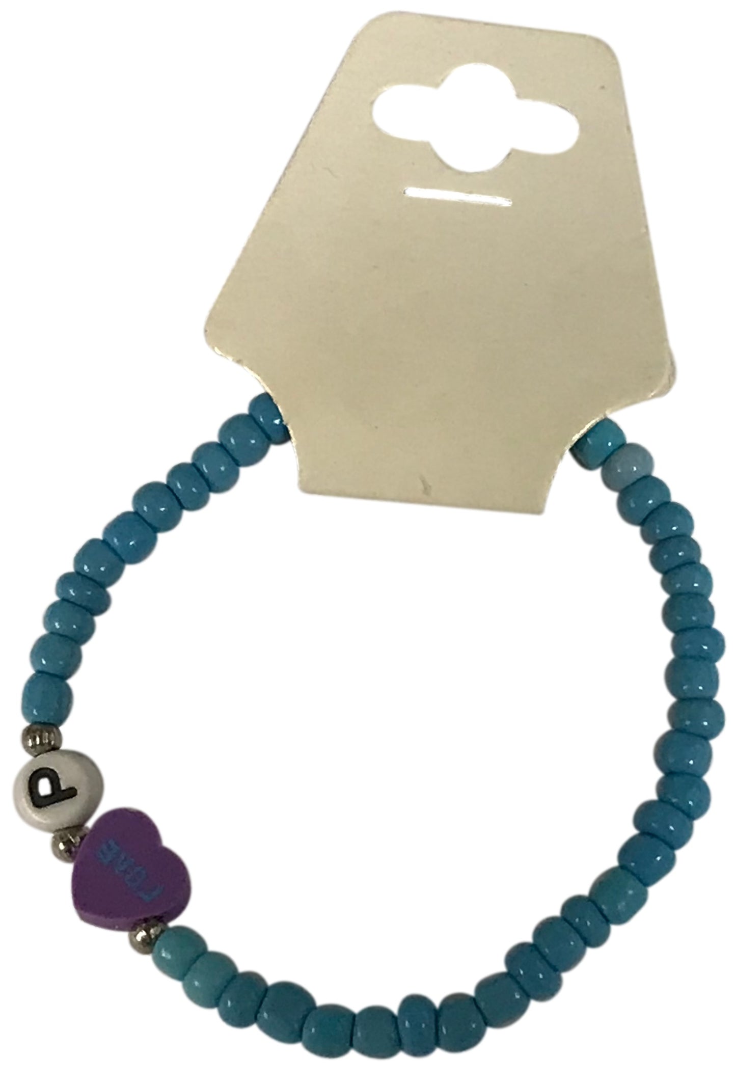 Blue Seed Bead Bracelet with Heart Charm and Initial Letter — Handmade Stretch Bracelet, Cute Stackable Jewelry Personalized Gift