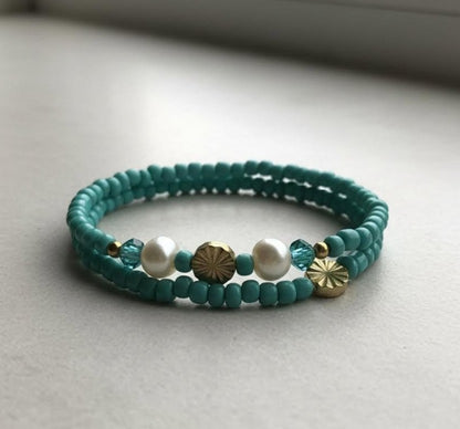 Handmade 2-Piece Turquoise Beaded Bracelet Set with Pearl Accents & Gold-Tone Flower Beads Gift