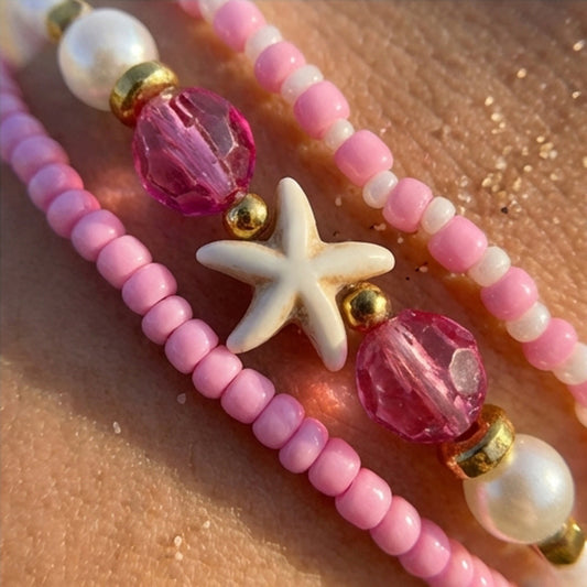 Handmade Pink White Gold Beaded Bracelet Set, Starfish Charm, Boho Ocean Jewelry