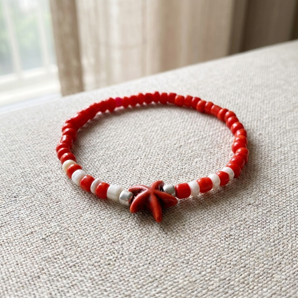 Coral Red Beaded Stretch Bracelet with Starfish Charm — Handmade Beachy Jewelry, Cute Stackable Coastal Summer Accessory Gift