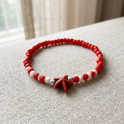 Coral Red Beaded Stretch Bracelet with Starfish Charm — Handmade Beachy Jewelry, Cute Stackable Coastal Summer Accessory Gift