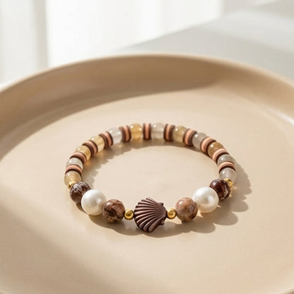 Handmade Wood and Pearl Beaded Bracelet Earth Tone Gemstone Seashell Charm Jewelry Coastal Boho Style