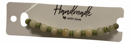 Handmade Natural Green Jasper & Cream Agate Beaded Bracelet - Artisanal Boho Style Jewelry with Vibrant Yellow Heishi Disc Spacers