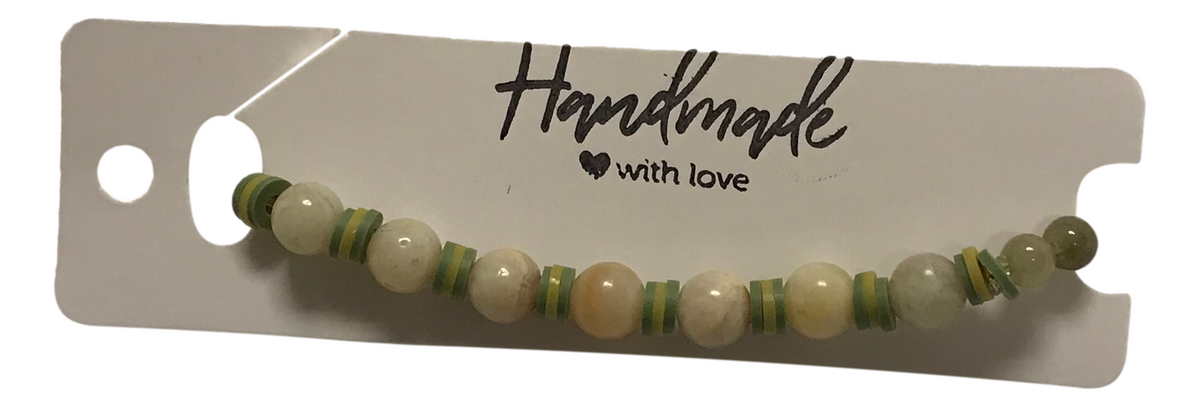 Handmade Bracelet – Green Jasper-Style and Cream Agate-Like Beads with Vibrant Yellow Heishi Disc Spacers – Artisanal Boho Jewelry