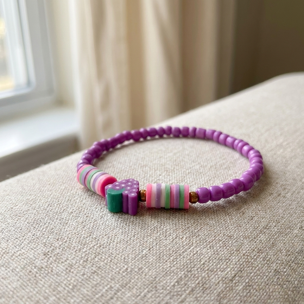 Colorful beaded necklace on a textured surface with a window in the background