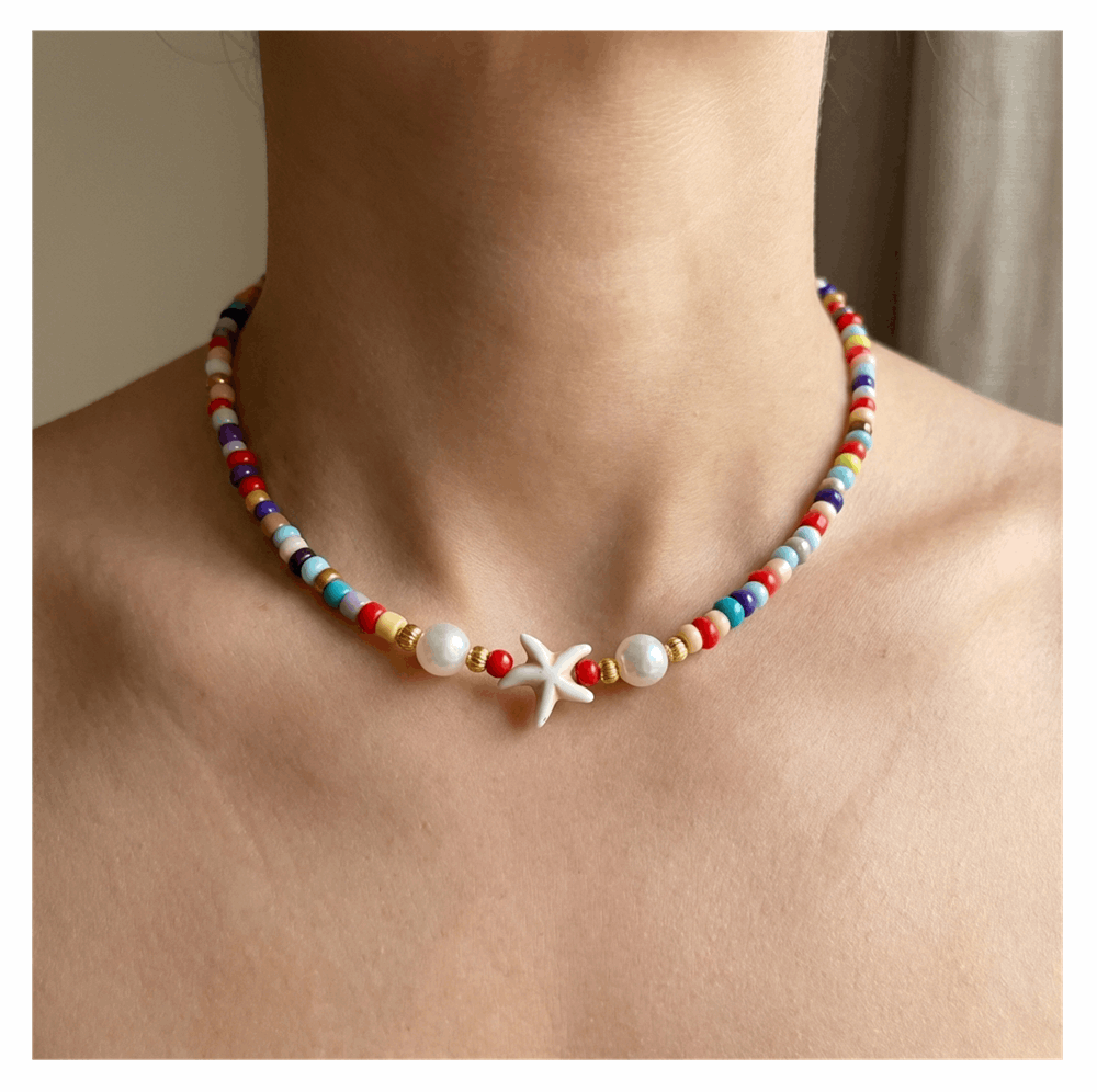 Handcrafted Seaside Starfish and Pearl Necklace, Metal-Plated Clasp w/ Extension Chain