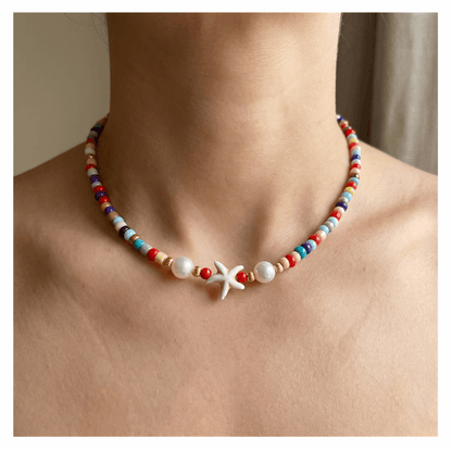 Handcrafted Seaside Starfish and Pearl Necklace, Metal-Plated Clasp w/ Extension Chain