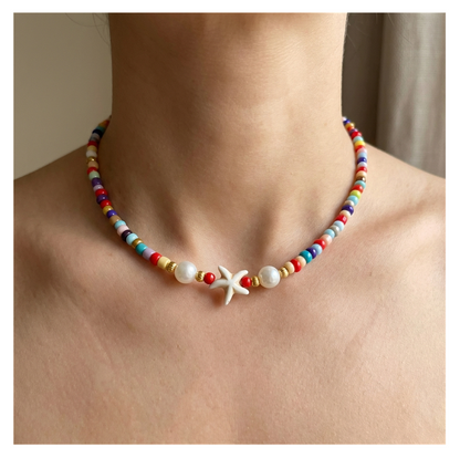 Handcrafted Seaside Starfish and Pearl-like Necklace, Metal-Plated Clasp w/ Extension Chain