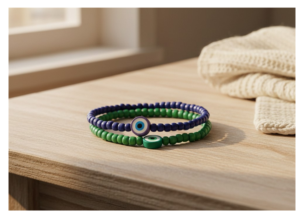 Handmade Indigo and Emerald Green Beaded Bracelets with Candy-like Charm