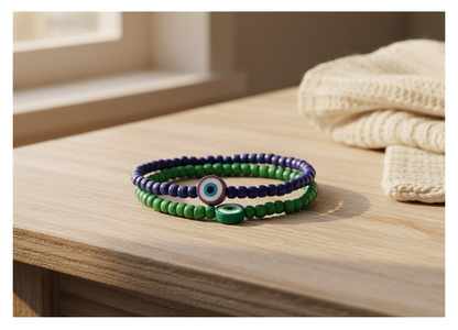 Handmade Indigo and Emerald Green Beaded Bracelets with Candy-like Charm