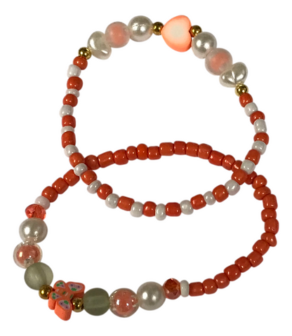 Coral Heart Butterfly Charm Bracelet Set, Handmade Faux Pearl Seed Bead Stretch Bracelet, Love & Transformation Jewelry