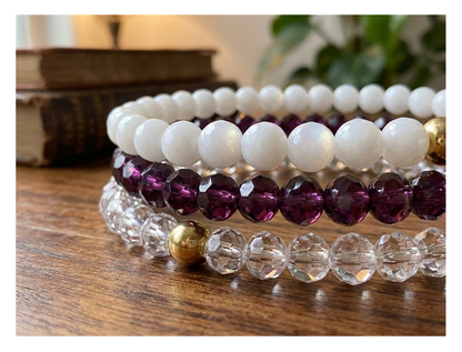 Handmade with Love Plum and Crystal-style Beaded Bracelet Set