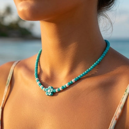 Turquoise Seed Bead Necklace with Flower Charm, Minimalist Floral Jewelry