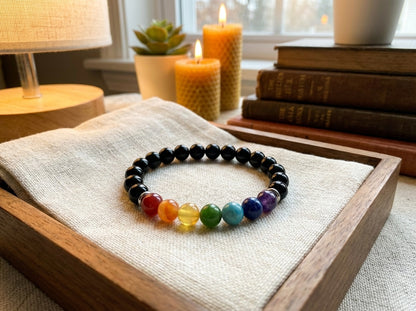 Handmade Rainbow Chakra and Black Onyx Healing Crystal Bracelet Beaded Protection Jewelry Natural Stone Artisan Spiritual Wellness Gift