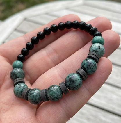 Handmade Boho Bracelet - Greenish-Gray Speckled K2-Style Beads with Dark Spacer Accents & Gray Heishi