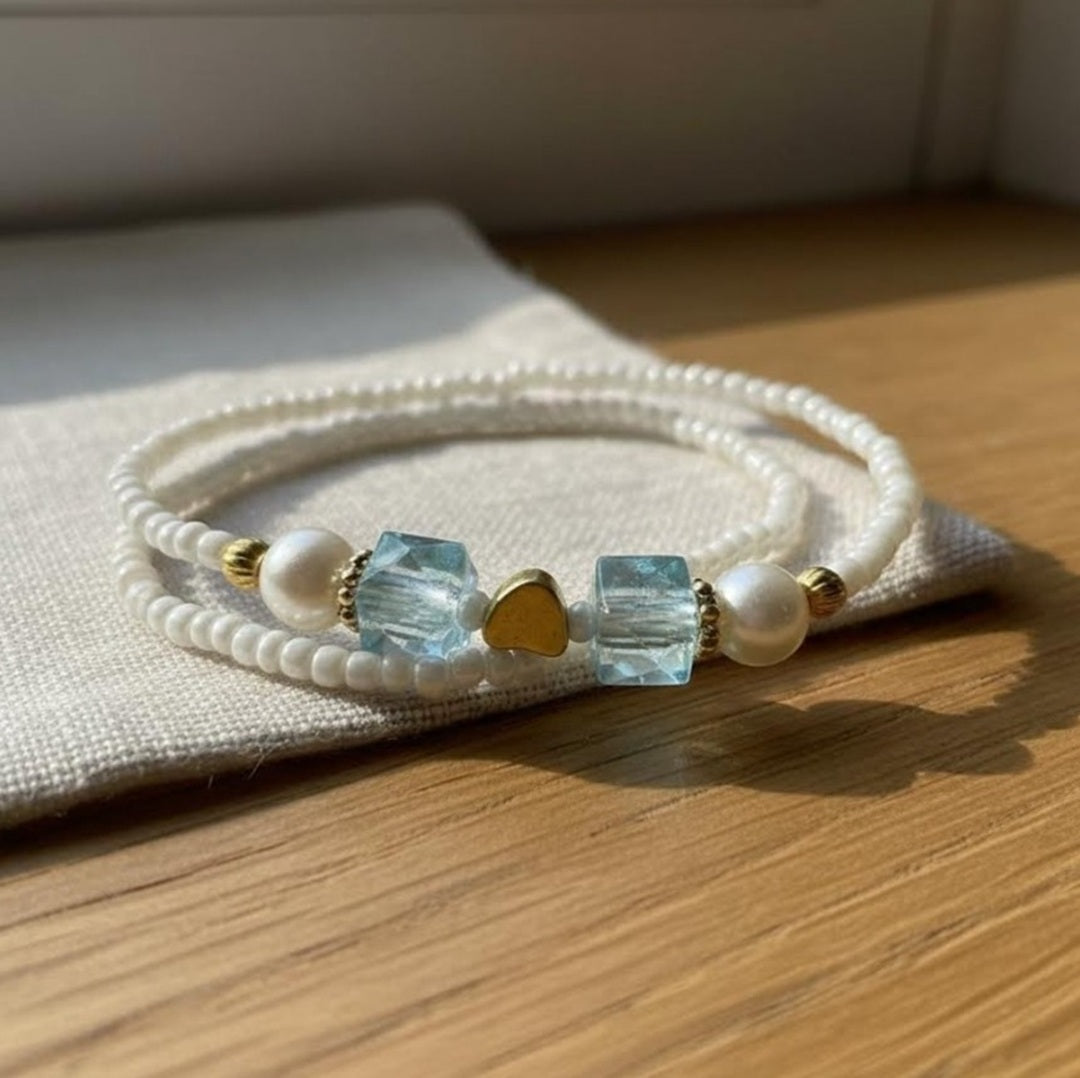 Handmade White Beaded Bracelet with Blue Cube Beads, Pearl Accents & Gold-Tone Spacers - Cute Friendship Jewelry Gift