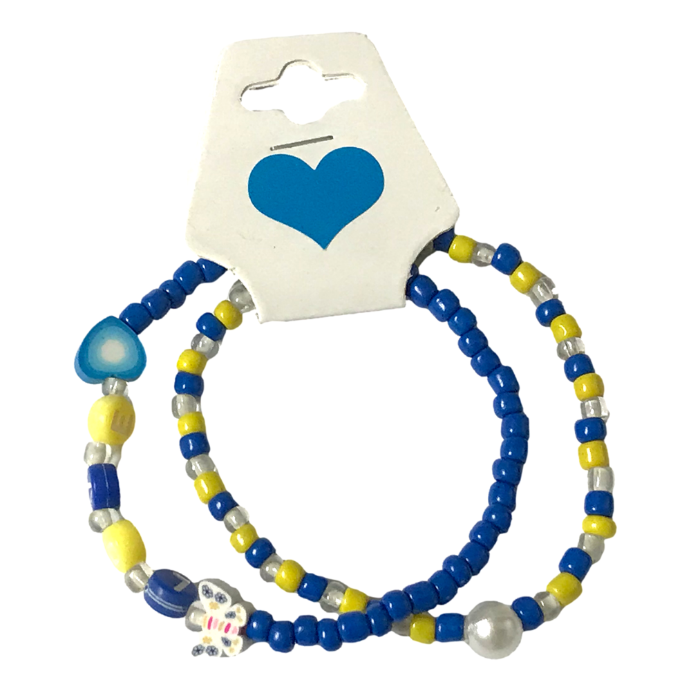 Set of beaded bracelets with blue, yellow, and silver beads on a card with a blue heart design.