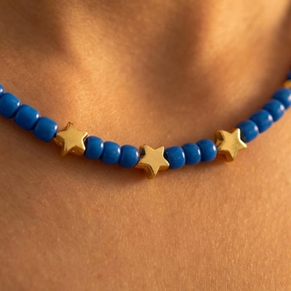 Royal Blue Beaded Star Necklace with Gold Accents – Minimalist Choker Jewelry