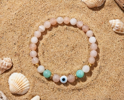 Handmade Gemstone Beaded Evil Eye Bracelet Charm Crystal Rose Quartz and Amazonite Moonstone Jewelry Boho Style Minimalist