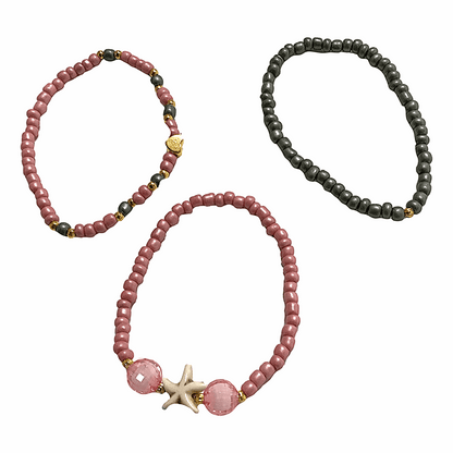 Handmade Pink Gray Gold Beaded Bracelet Set, Starfish & Heart Charms, Boho Ocean Jewelry