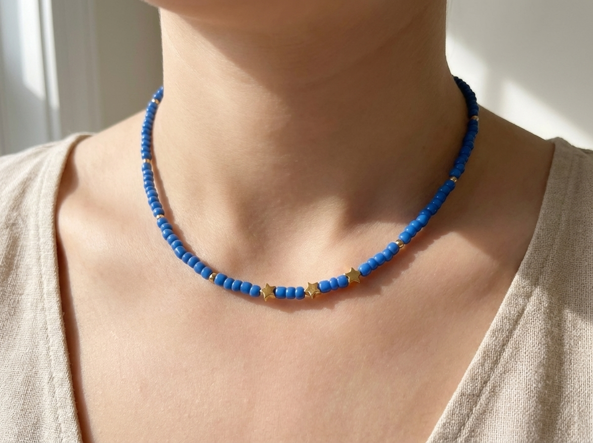 Royal Blue Beaded Star Necklace with Gold Accents – Minimalist Choker Jewelry