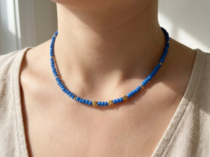 Royal Blue Beaded Star Necklace with Gold Accents – Minimalist Choker Jewelry