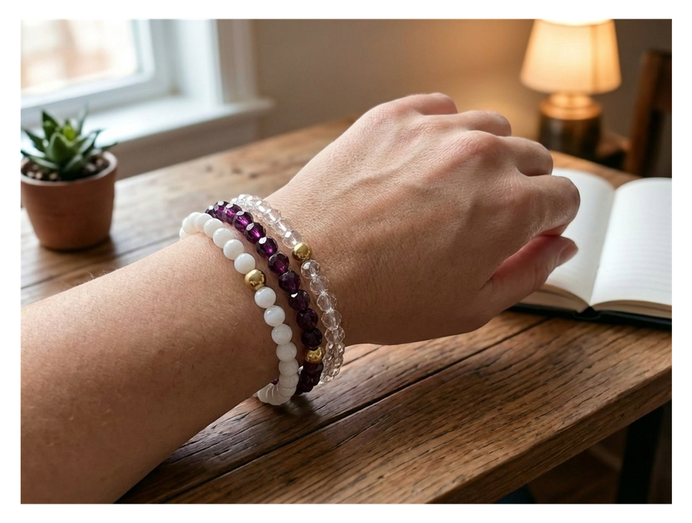 Handmade with Love Plum and Crystal-style Beaded Bracelet Set