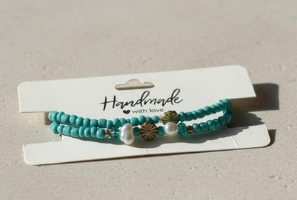 Handmade 2-Piece Turquoise Beaded Bracelet Set with Pearl Accents & Gold-Tone Flower Beads Gift