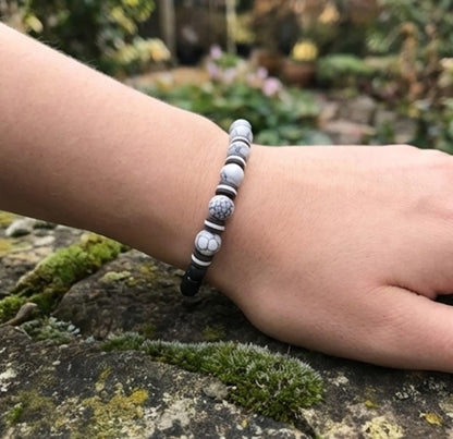Handmade Beaded White Howlite-style & Black Onyx-style Stretch Bracelet, Boho Jewelry