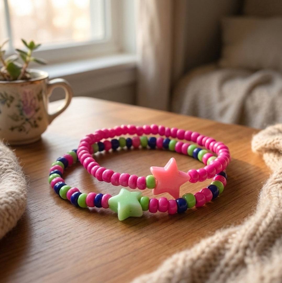Handmade Beaded Friendship Bracelet Set (2 pcs) – Pink, Green & Blue Beads with Star Accents