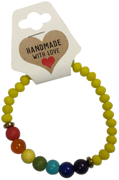 Colorful beaded bracelet on a card with 'Handmade with Love' text