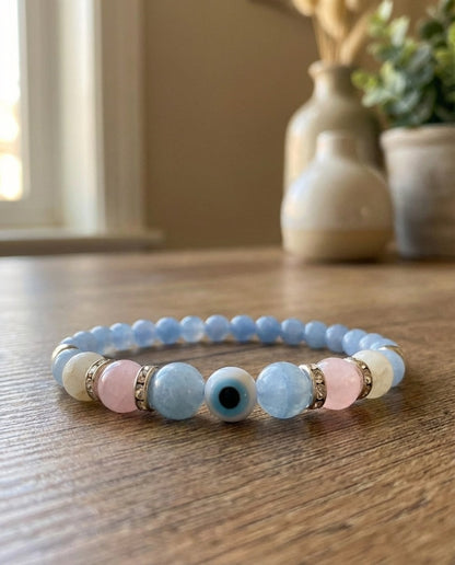 Angelite and Rose Quartz Evil Eye Bracelet Handmade Spiritual Gift Protection Blue Gemstone Beaded Natural Stone Jewelry