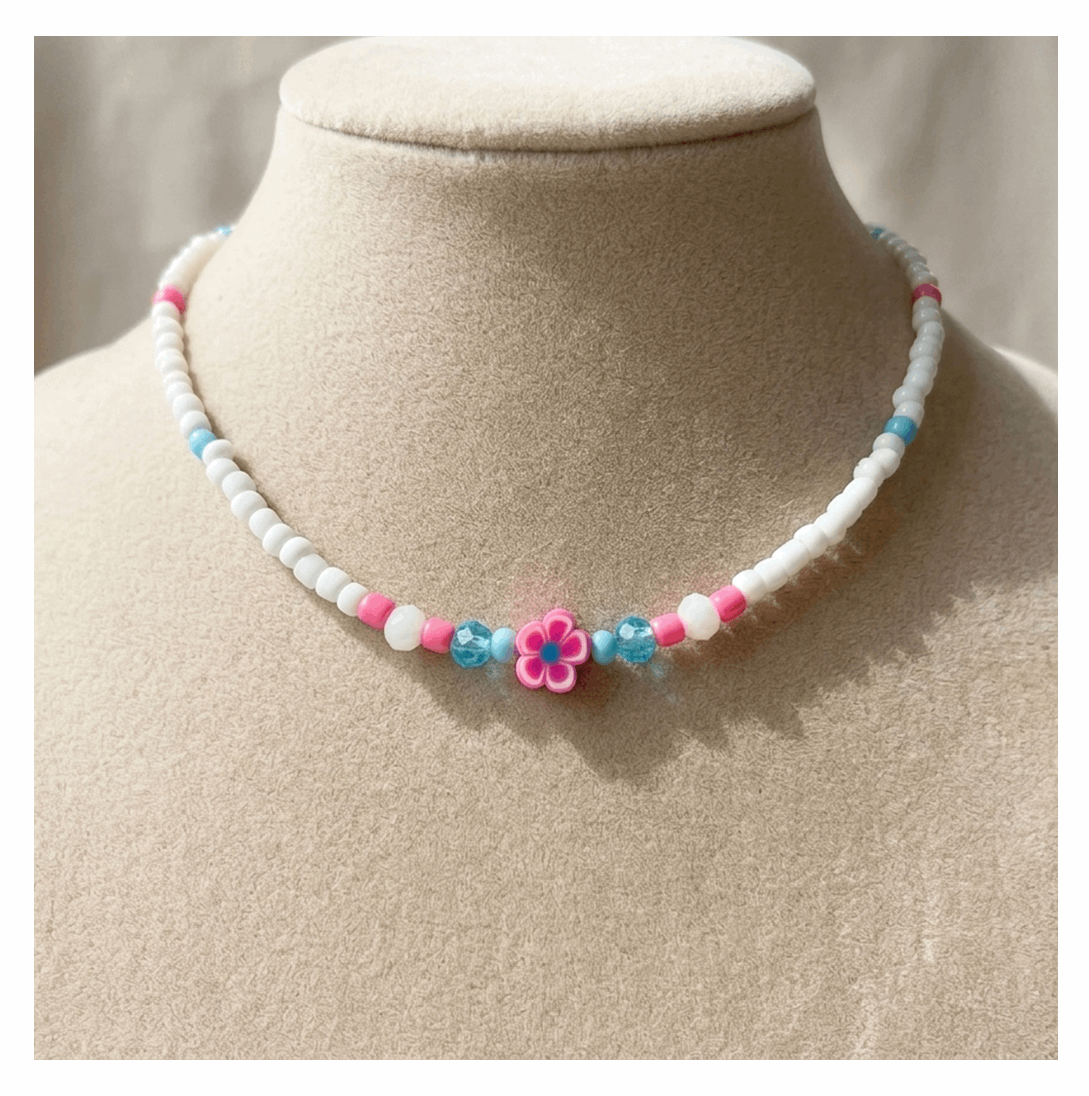 Handcrafted Pink Bloom Beaded Necklace, Metal-Plated Clasp w/ Extension Chain