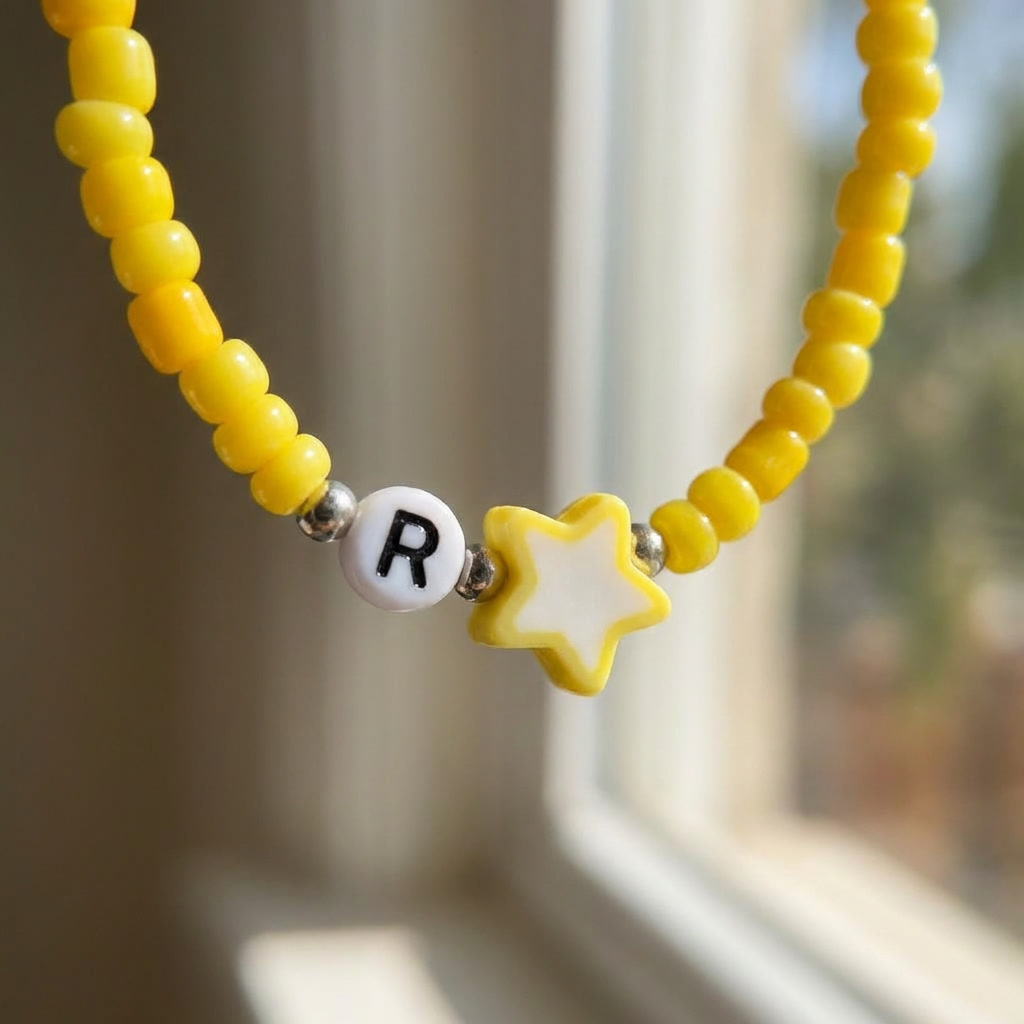 Yellow Seed Beaded Bracelet with Star Charm and Initial Letter Bead — Handmade Cute Stackable Stretch Jewelry, Minimalist Summer Gift