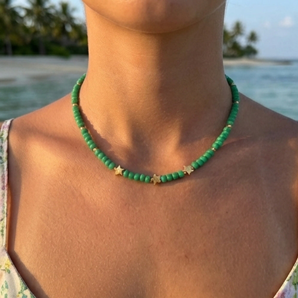 Handmade Green Seed Bead Necklace with Gold Star Charms, Dainty Celestial Jewelry