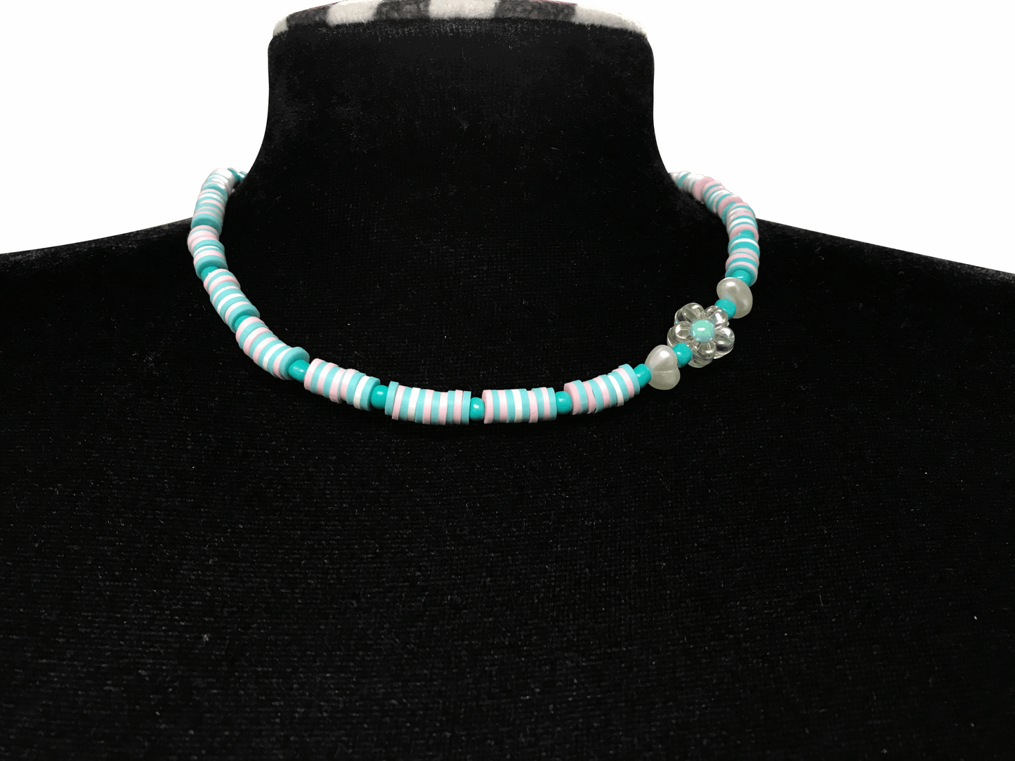 Turquoise Heishi Bead Necklace, Surfer Style Beach Beaded Jewelry, Pastel Pink Blue Choker, Metal-Plated Clasp w/ Extension Chain