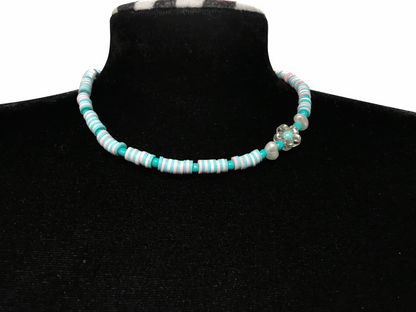 Turquoise Heishi Bead Necklace, Surfer Style Beach Beaded Jewelry, Pastel Pink Blue Choker, Metal-Plated Clasp w/ Extension Chain