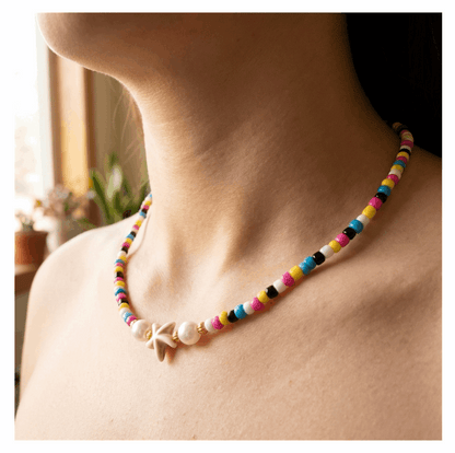 Handcrafted Summer Beaded Starfish Necklace, Metal-Plated Clasp w/ Extension Chain