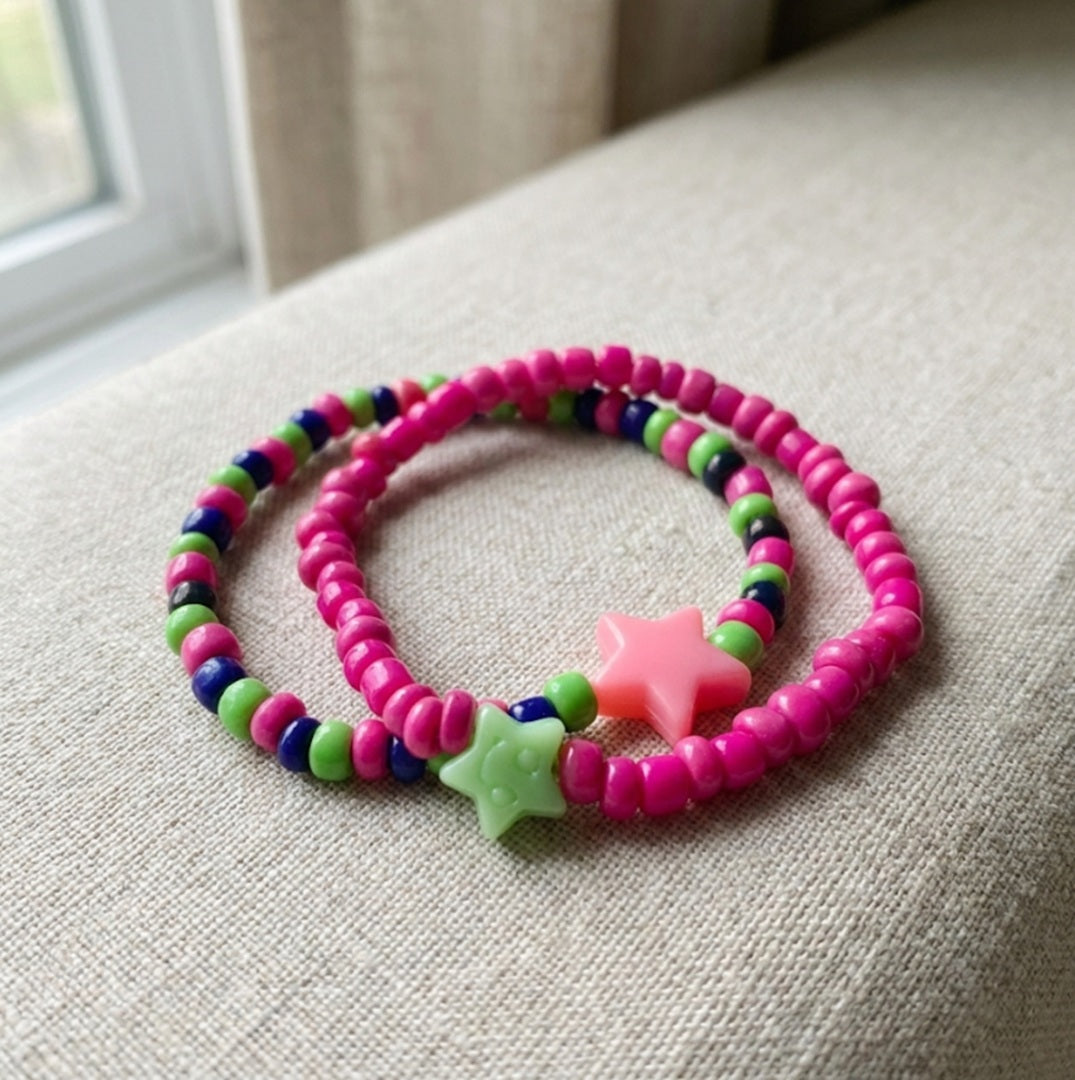 Handmade Beaded Friendship Bracelet Set (2 pcs) – Pink, Green & Blue Beads with Star Accents
