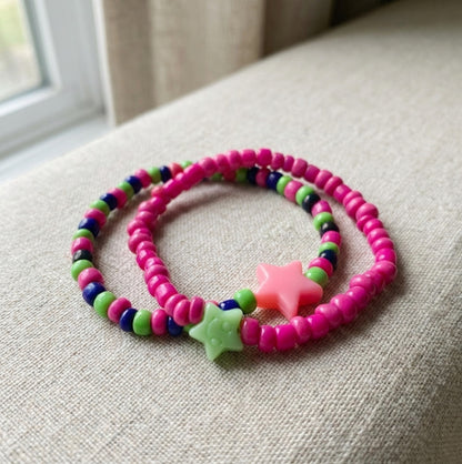 Handmade Beaded Friendship Bracelet Set (2 pcs) – Pink, Green & Blue Beads with Star Accents