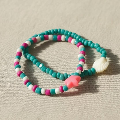 Handmade Ocean Theme Bracelet Stack, Dainty Shell & Star Charms in Teal/Pink, Cute Personalized Gift for Beach Lovers