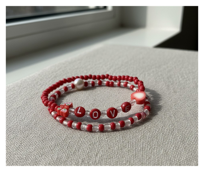 Handmade Red Butterfly and Heart-shaped Charm Beaded Bracelet, Teen Jewelry, Novelty Bracelet, Boho-chic
