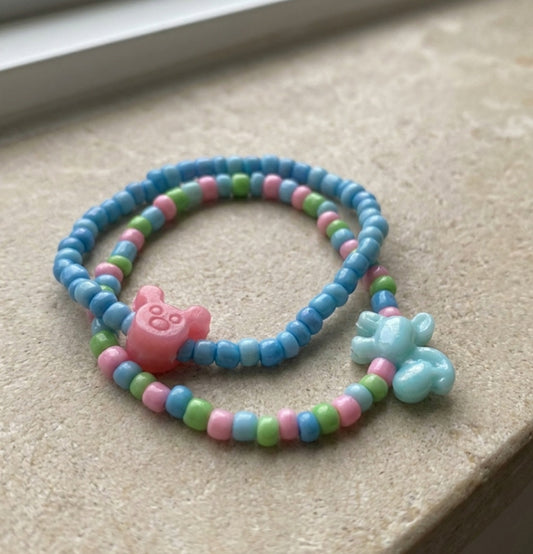 Handmade Beaded Bracelet Set (2 pcs) – Pink, Green & Blue Pastel Beads with Mickey Icon Head Accent, Fun Friendship Gift for Kids/Teens