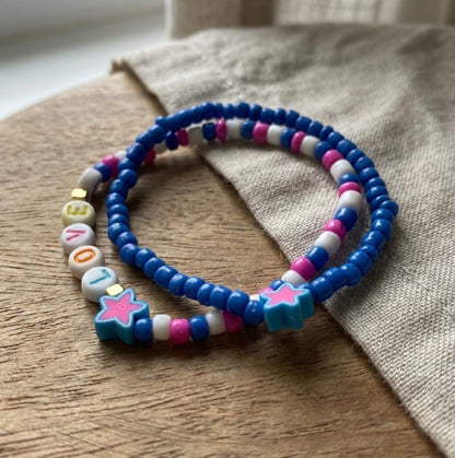 Handmade Beaded Friendship Bracelet Set (2 pcs) – Multicolor “LOVE” Letters, Pink & Blue Star Beads, Gold Accents, Playful Gift for Kids/Teens
