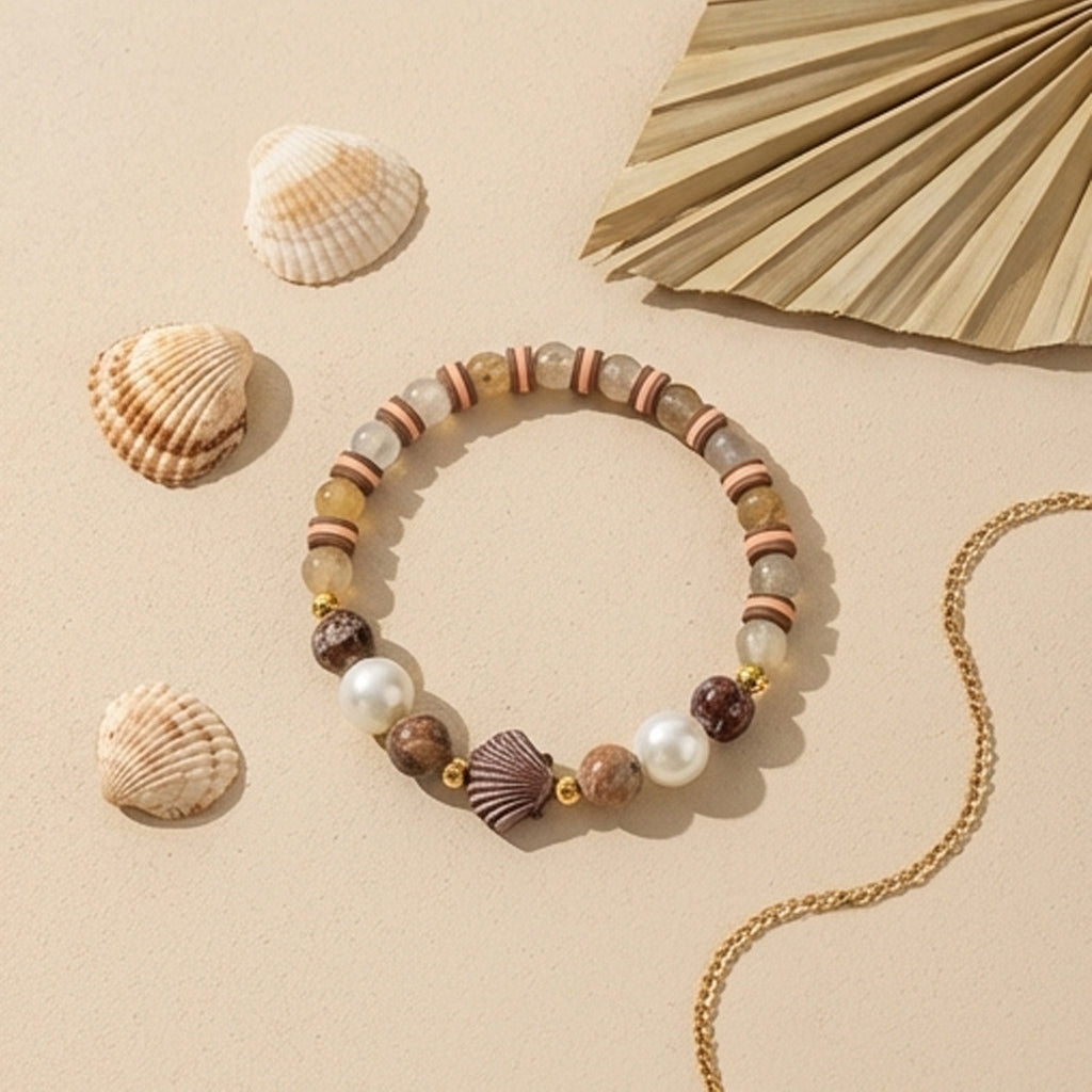 Handmade Wood and Pearl Beaded Bracelet Earth Tone Gemstone Seashell Charm Jewelry Coastal Boho Style