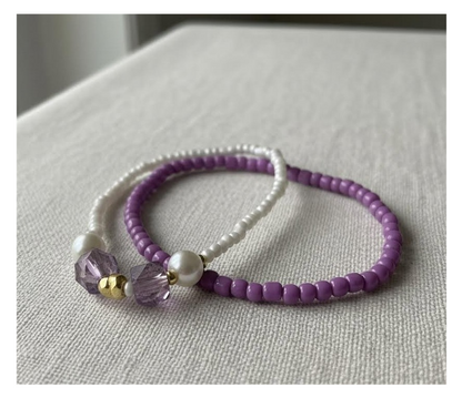Handmade Purple and White Beaded Bracelets with Faux Pearls, Teen Jewelry