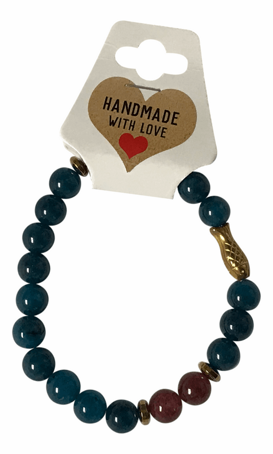 Teal Jade Beaded Bracelet with Gold Fish Charm, Stretch Boho Gemstone, Ocean-Inspired Jewelry, Teal Turquoise Bracelet, Handmade