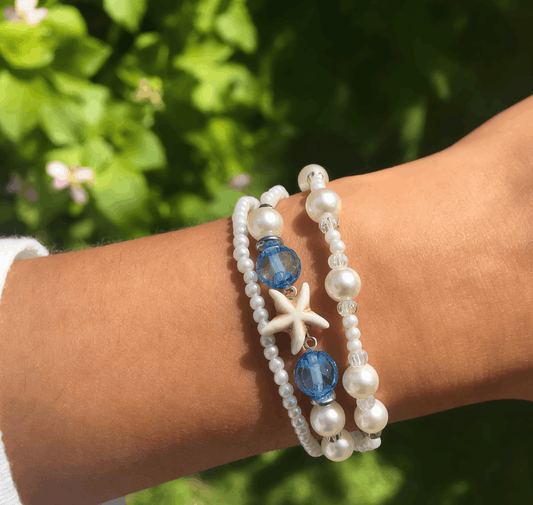 Handmade Ocean Blue White Pearl-Like Beaded Bracelet Set, Starfish Charms, Boho Ocean Jewelry