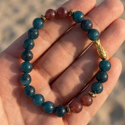 Handmade Teal Jade Beaded Bracelet, Gold Fish Charm, Ocean Boho Jewelry